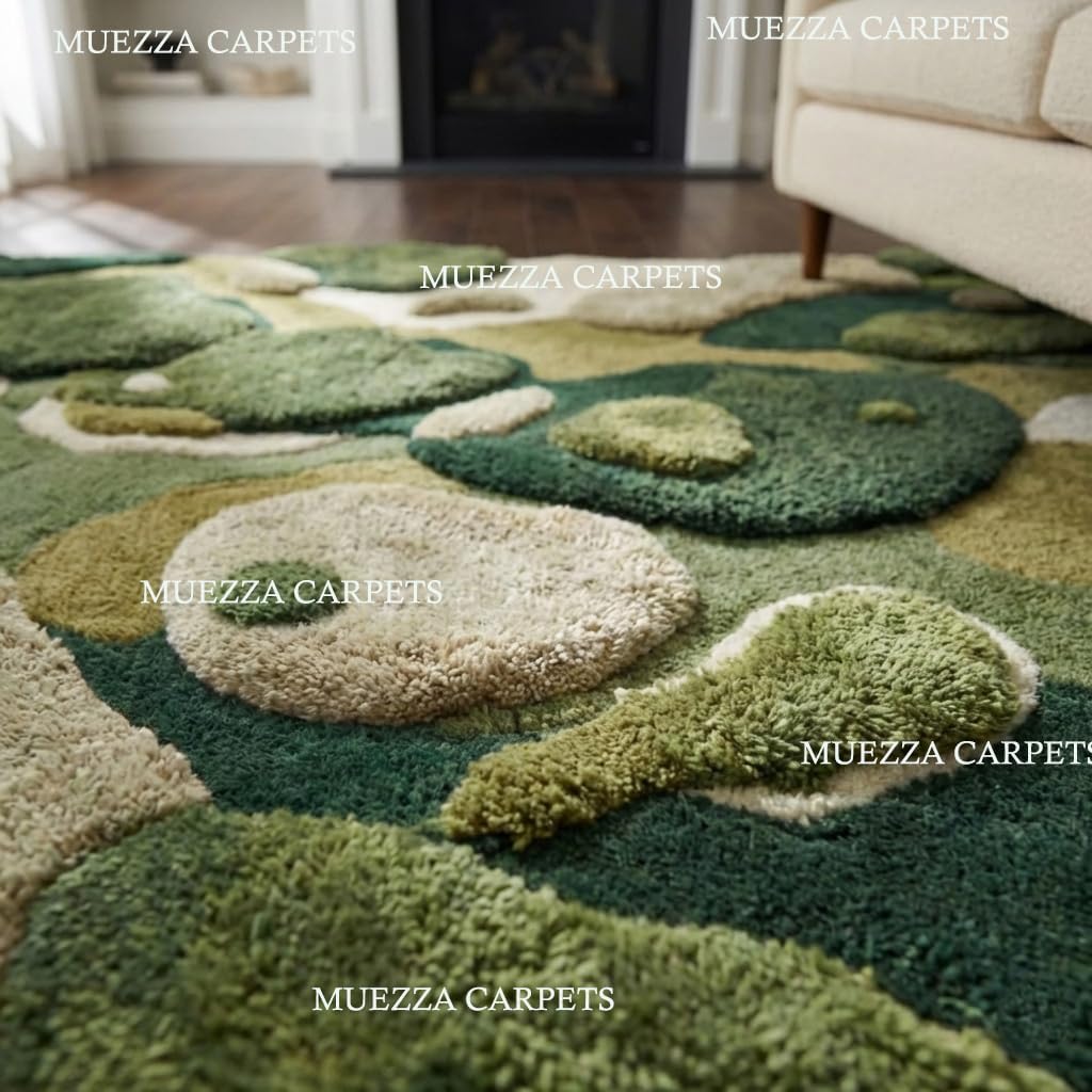 Hand Tufted Wool Abstract Area Rug 3x5 ft | Plush Modern Green Beige Accent Rug | Sculpted Organic Style