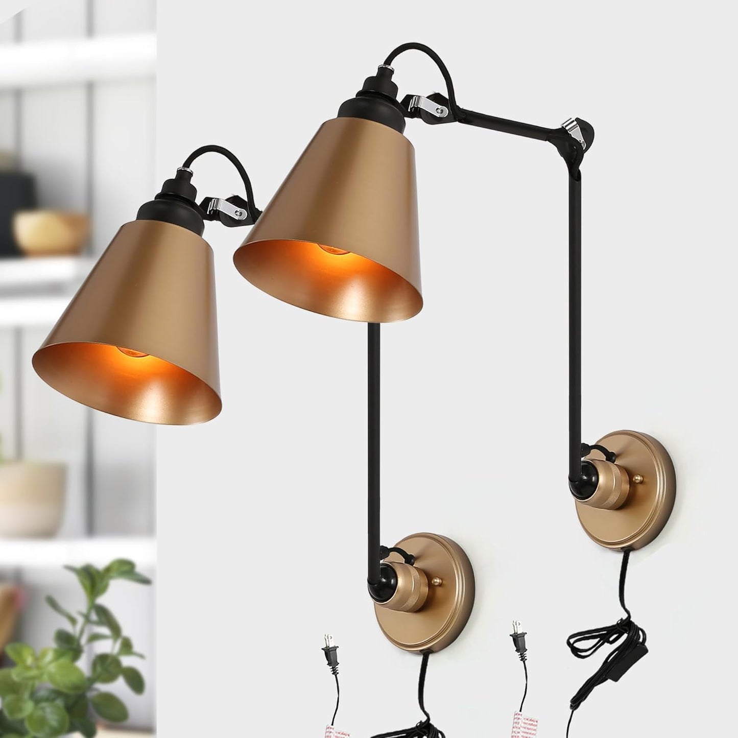 LOG BARN Modern Gold Wall Sconce Set of 2, Adjustable Swing Arm Plug-in Wall Lamps with Black Accents for Bedroom, Living Room, Kitchen or Reading Nook