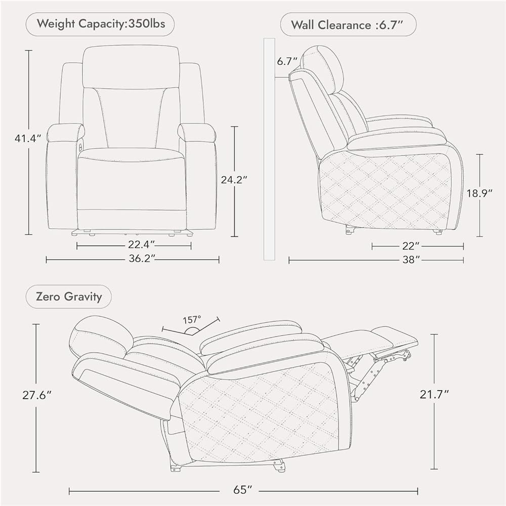Modern Power Recliner Chair with Power Headrest, Leather Electric Reclining Sofa for Living Room, Hidden Storage Armrest & USB Port, Motorized Home Theater Seating for Adults
