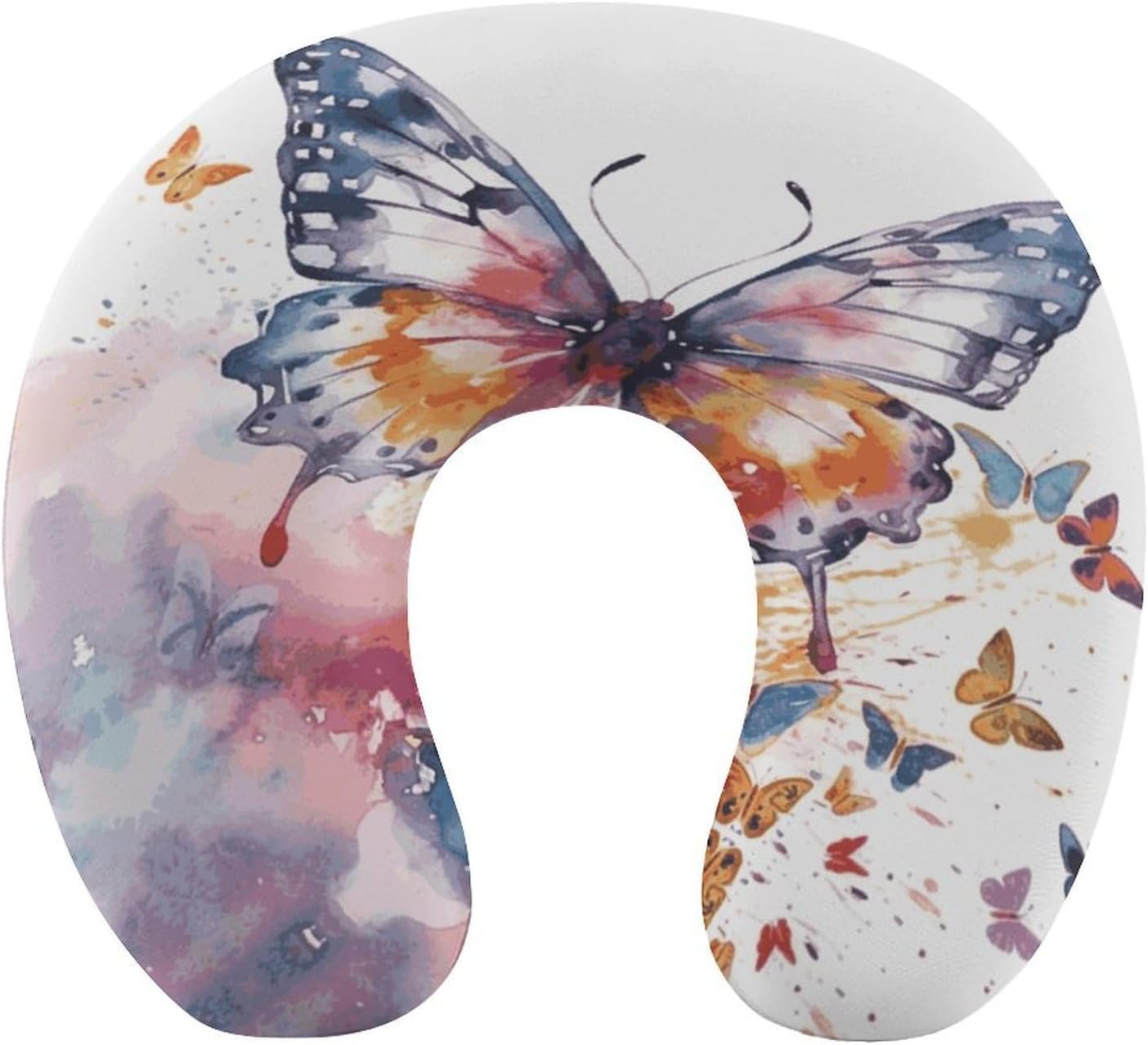 Watercolor Butterfly Neck Pillow Memory Foam U Shaped Pillows Portable Pillows for Shoulder Travel Head Support Pillow with Concealed Zipper for Airplane Car Home Office