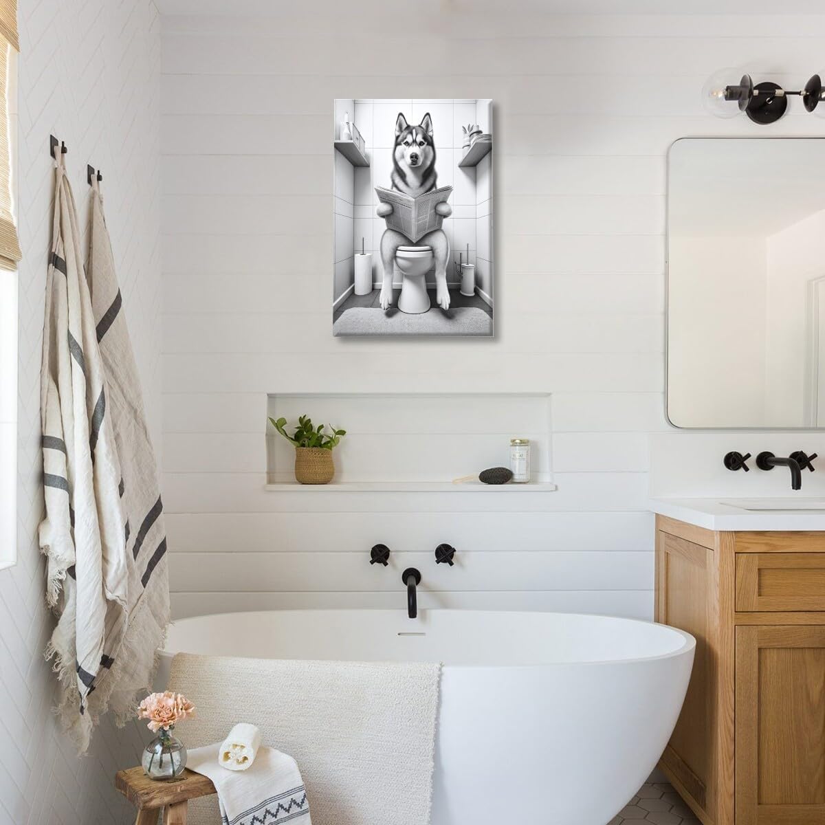 Siberian Husky on the Toilet Reading Newspaper Canvas Print Funny Animal Artwork Prints Aesthetic Posters Home Decor Bathroom Art Wall Decor Unframed12x18inch