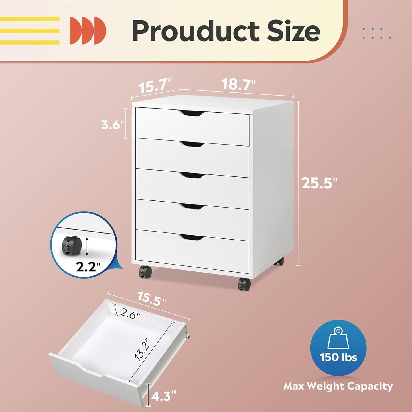 DEVAISE 5-Drawer Chest, Wood Storage File Cabinet with Wheels, White