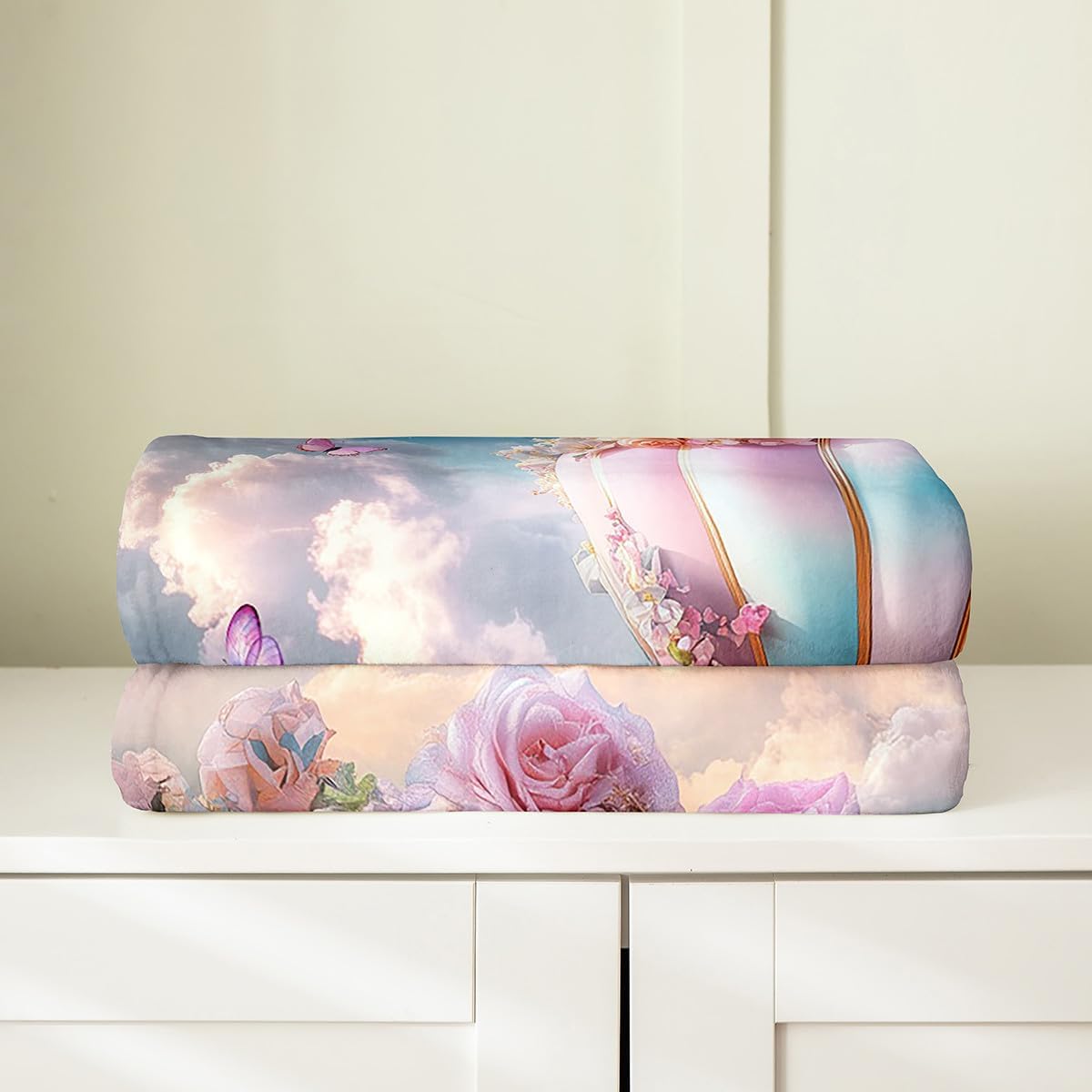Castle Fairy Romantic Hot Air Balloon Throw Blanket Garden Pink Purple Rose Butterfly Decor Flannel Blanket for Kids Girls Teens Adults 3D Dreamy Sky Print Bed Blanket for Bed Sofa Throw 50x60
