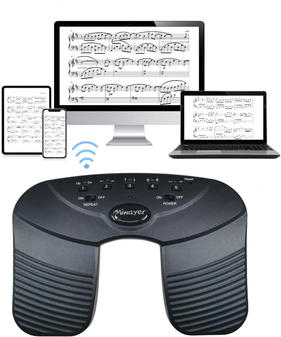 Miwayer Wireless Page Turner, Bluetooth Page Turner Pedal Silent Rechargeable Music Page Turner Foot Pedal with Anti-Slip Rubber for IPad,Tablets,Phone App Controller (BT-10)