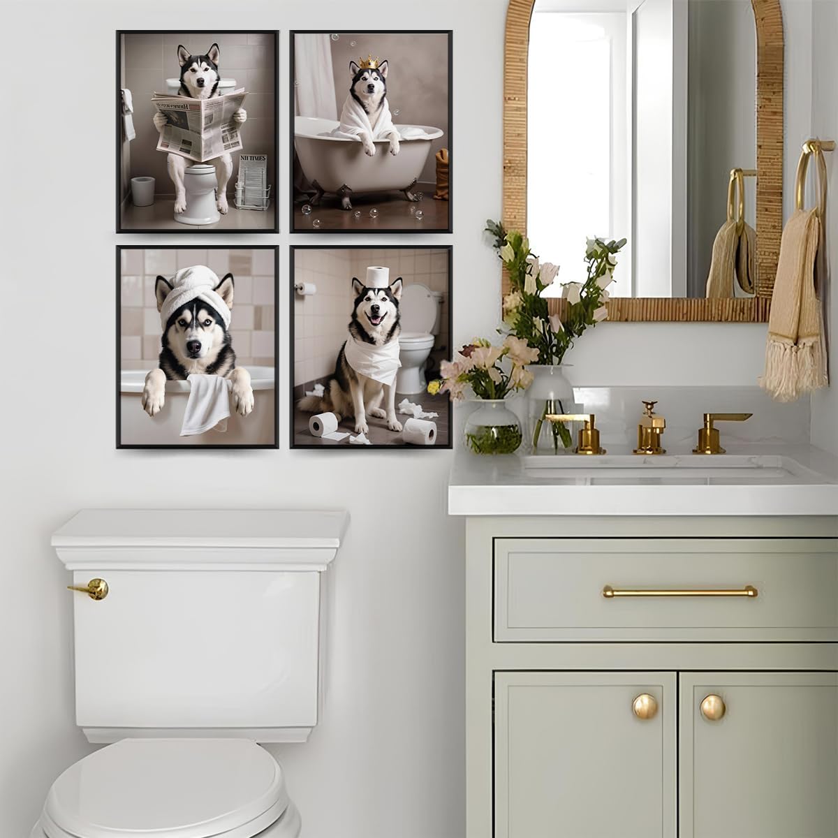 ETVISO Funny Husky Bathroom Decor Set of 4, Cute Dog Reading Newspaper Print Wall Art Decorations, Humorous Toilet Decor for Washroom or Restroom (12x16 Unframed)