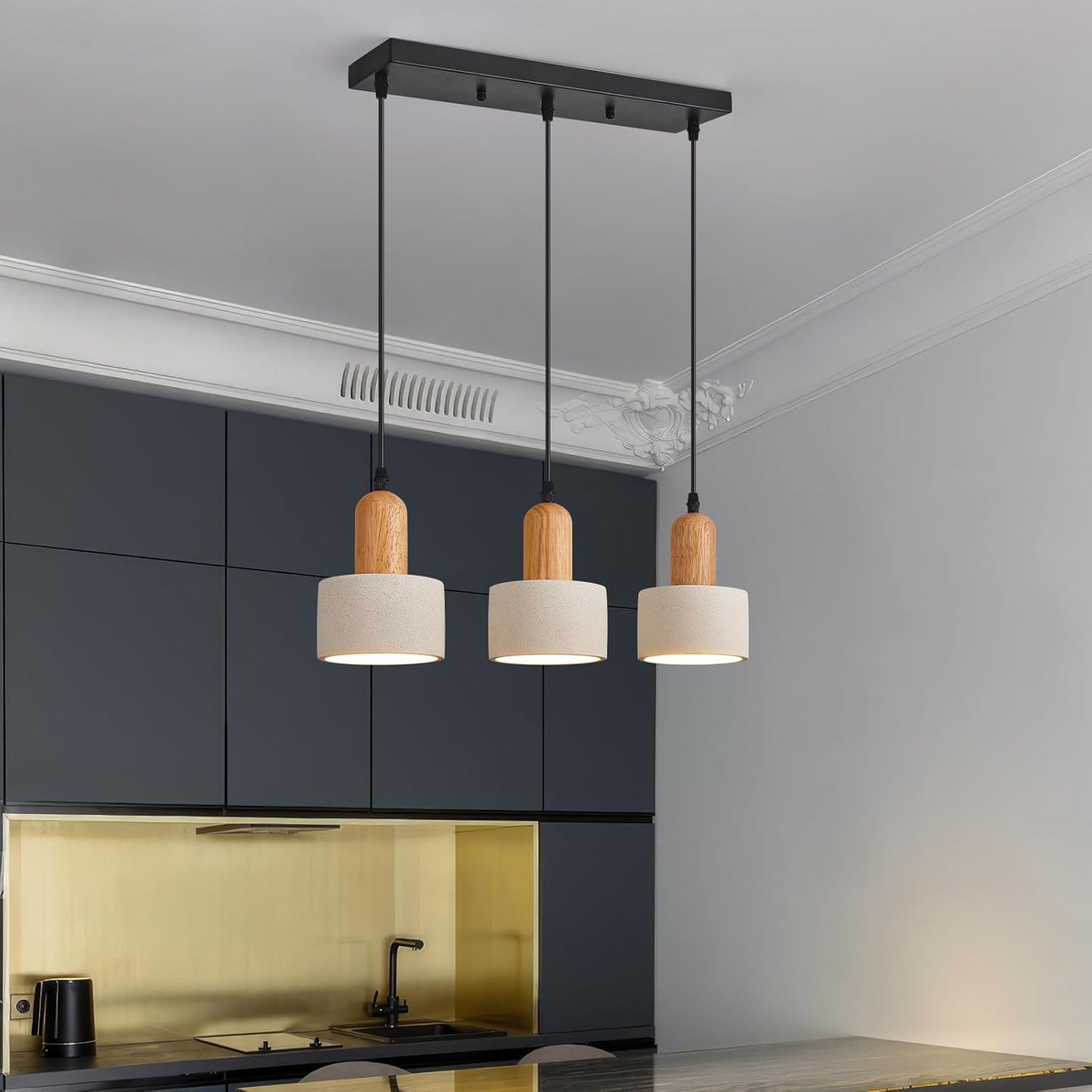 Modern Cement Pendant Lights White Chandelier Wooden Ceiling Lamps for Kitchen Island Bedroom Dining Room Living Room bar（3-Light）