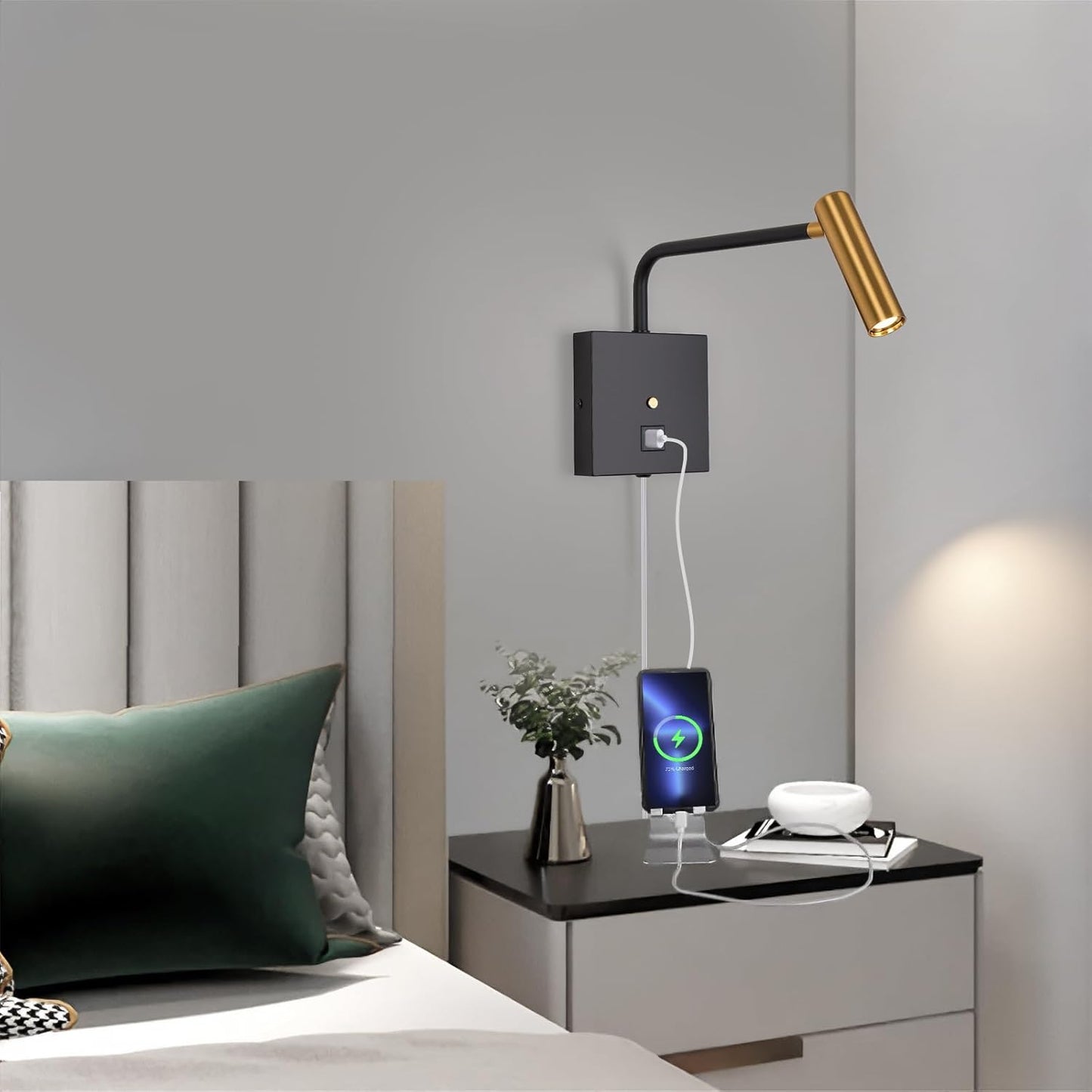 ZEROUNO LED Wall Lamp Wall Mounted Reading Lights, Dimmable Adjustable Headboard Plug in Wall Sconce with USB C+A Ports, Indoor LED Wall Lighting for Bedroom Bedside 3000K (Black)