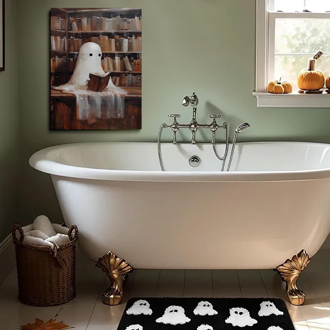 Vintage Cute Ghost Canvas Wall Art,Cute Ghost Reading in Library Halloween Cottagecore Decor,Gothic Dark Academia Wall Decor, Vintage Wall Art Poster Ghost Halloween Pictures 12x16in Unframed