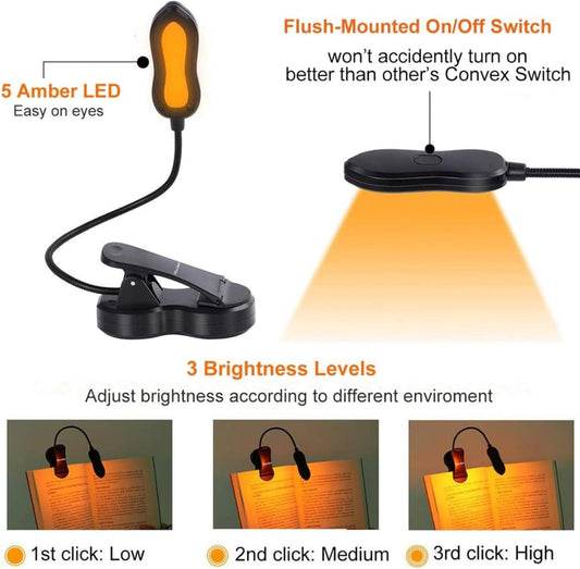 Amber Book Light, Rechargeable Blue Light Blocking Reading Light, Clip on Book Lamp, 3 Brightness Eye Care Sleep Aid Reading Lights for Study Bookworms Travel