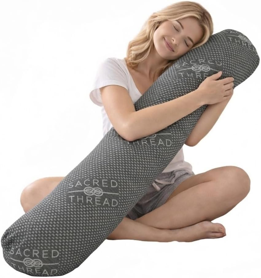 Sacred Thread Cylinder Shaped Long Pillow for Bed, Cooling Rayon Derived from Bamboo Body Pillow for Side Sleepers, Soft and Supportive Full Body Pillows for Adults (46.5”x8”) (Grey)
