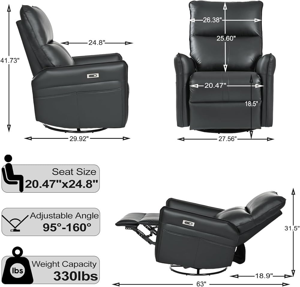Black Power Swivel Rocker Recliner Chair with Charging Port, Leather Electric Recliner Chair, Comfortable Glider Recliner for Nursery, Home Theater Reclining Chair for Adults