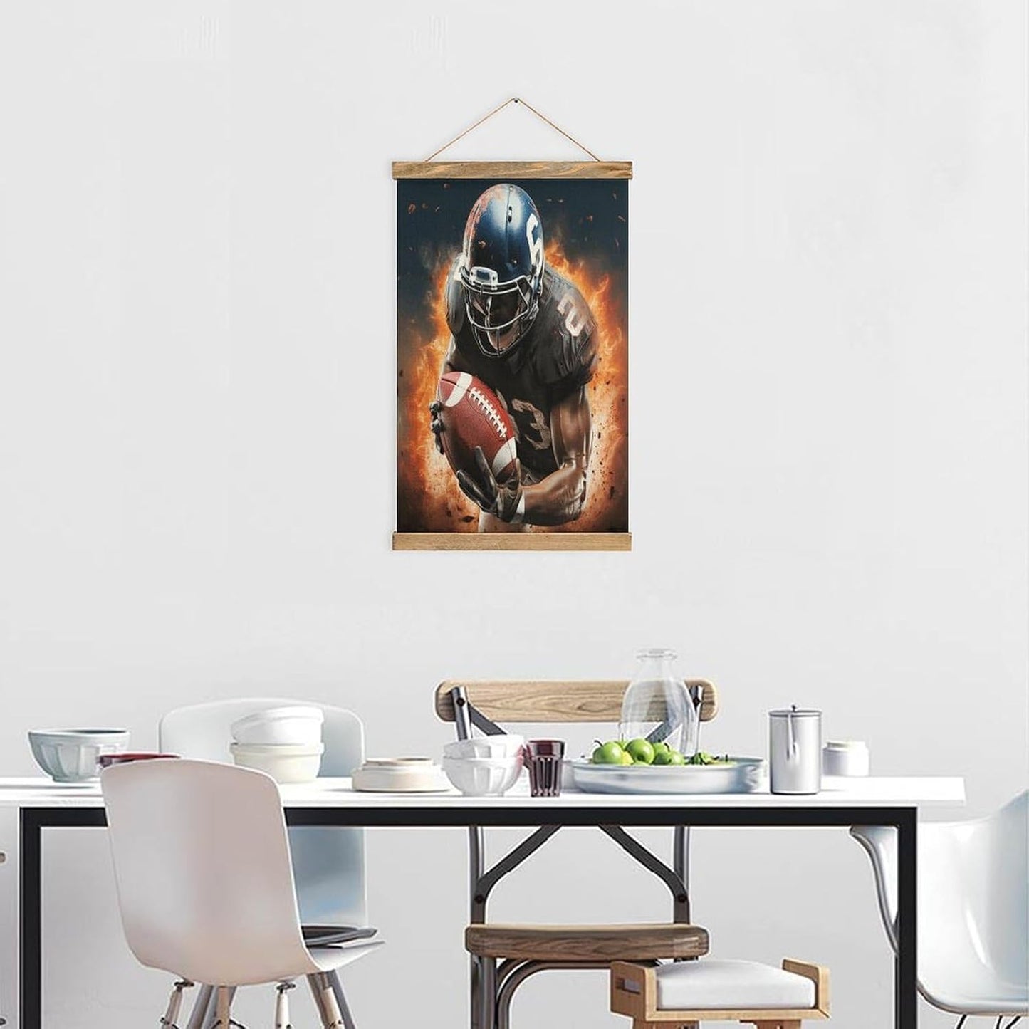 Vintage Cool American Football Poster with Wooden Frame Personalized Linen Hanging Scroll Painting Rustic Wall Hanging Illustrative Modern Artwork Decor for Home Living Room Bedroom Office
