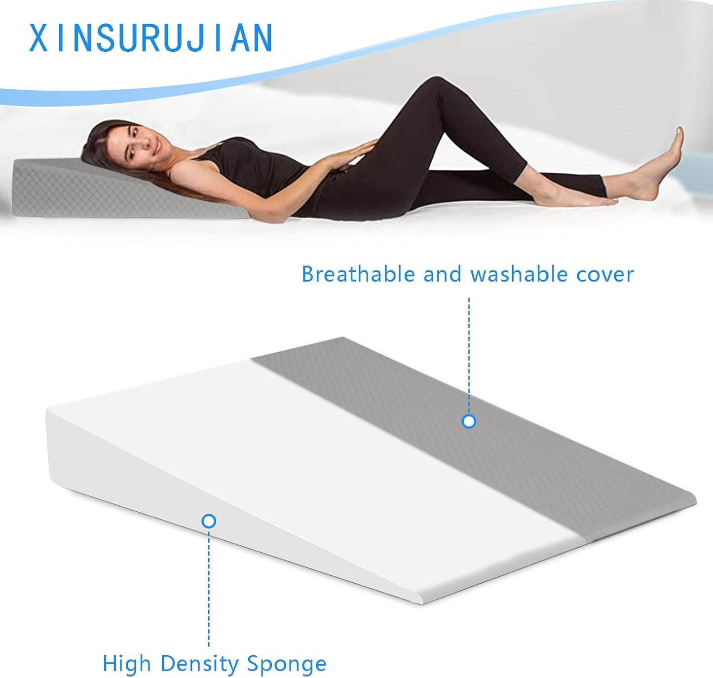 Bed Wedge Pillow Triangle Belt Foam for, Knee, Small Leg, Reading, Maternity (Grey)
