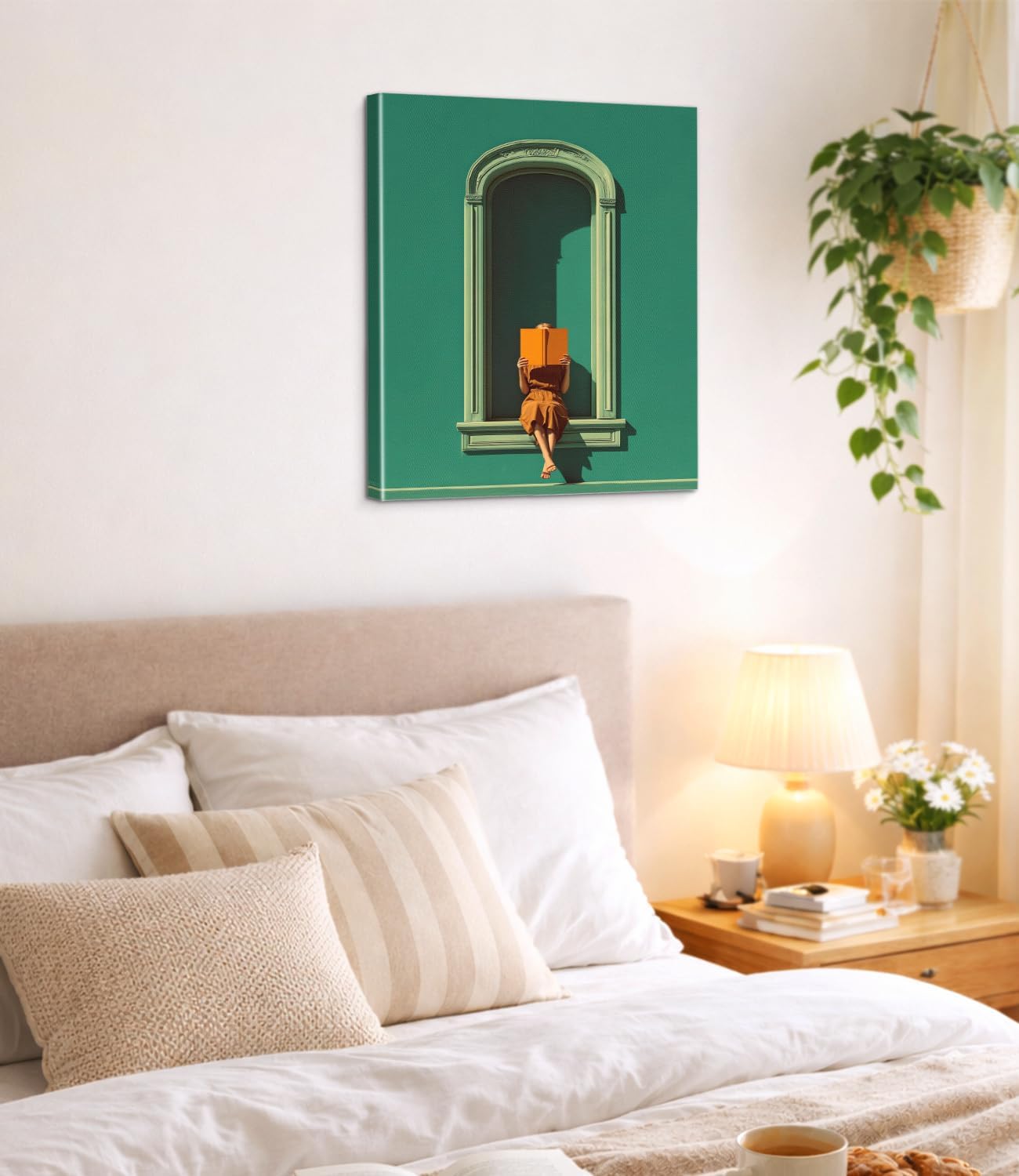 Green Reading Woman Wall Art Print - Bookish Woman in Window Canvas Poster Painting - Book Lover Gifts Wall Decor for Home Reading Nook 8x10 Inch Framed