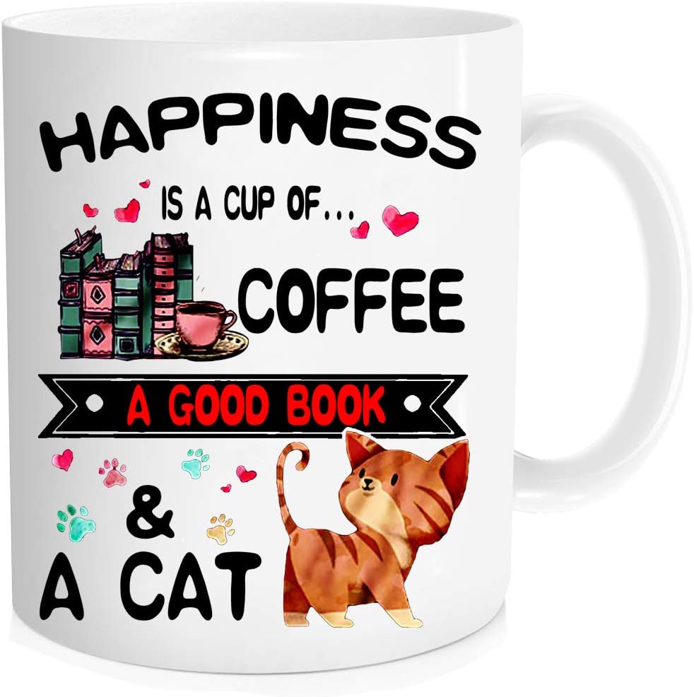 Funny coffee Mug - Book Lovers Reading Mug - Happiness is A Cup of Coffee & A Cat - Cat lovers Mugs, Funny Bookish Coffee Mug, Cat Mug, Teacher Mug - 11 oz Novelty Mug