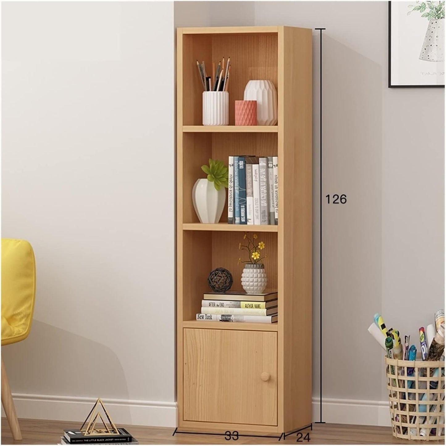 Bookshelf Landing Simple Storage Narrow Slit Small Bookcase, Simple Locker Shelf for Living Room Bedroom (Color : 33x24x188cm Beech Color) (33x24x126cm Beech Door Beech)