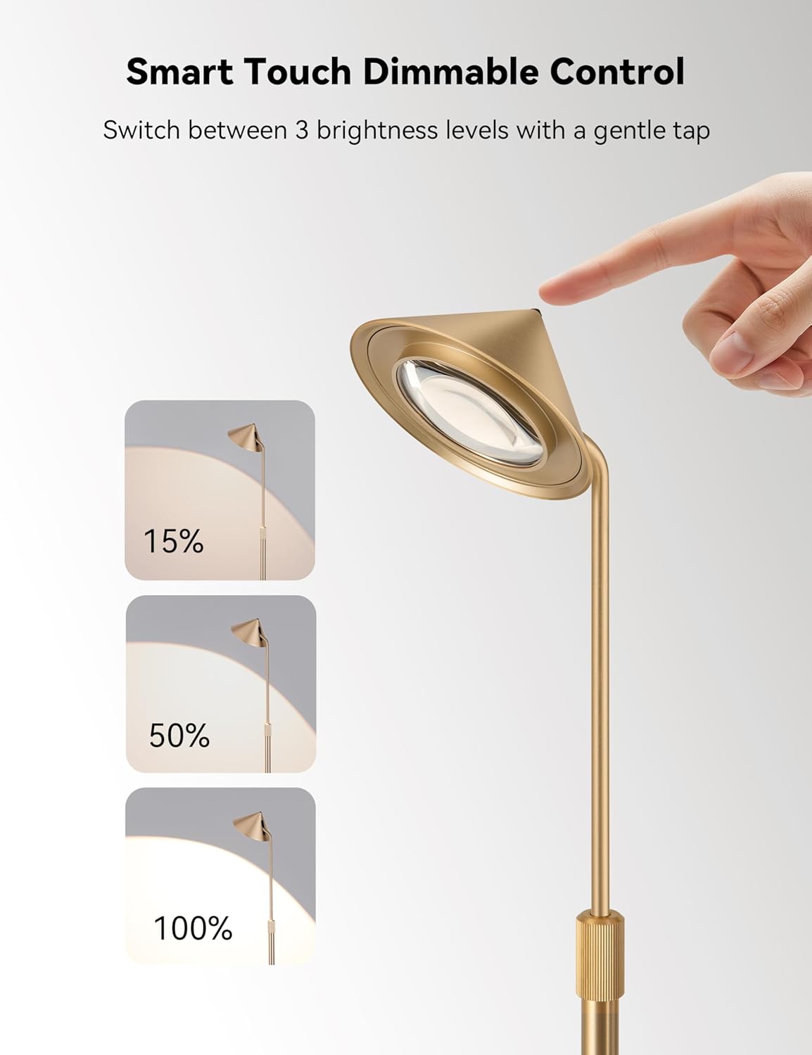 Tubicen Gold Floor Lamp, Flexible Up and Down Rotateble 150 Degree, 3-Stage Touch Dimmable LED Corner Floor Lamp for Bedroom, Adjustable Heights, Modern Standing Lamp for Reading, Sewing, Crafting