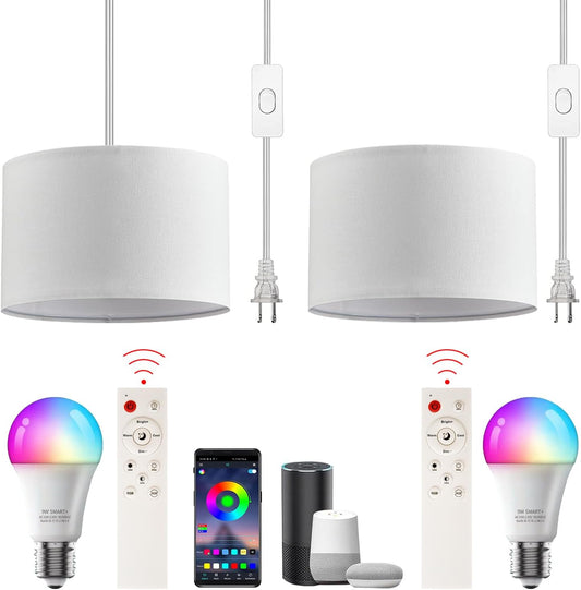 2pcs Plug in Pendant Light, Hanging Lamp with RGB Smart Bulb, Hanging Lights with Plug in Cord Hanging Lights for Bedroom Kitchen Dining Living Room Pendant Lights Fixture