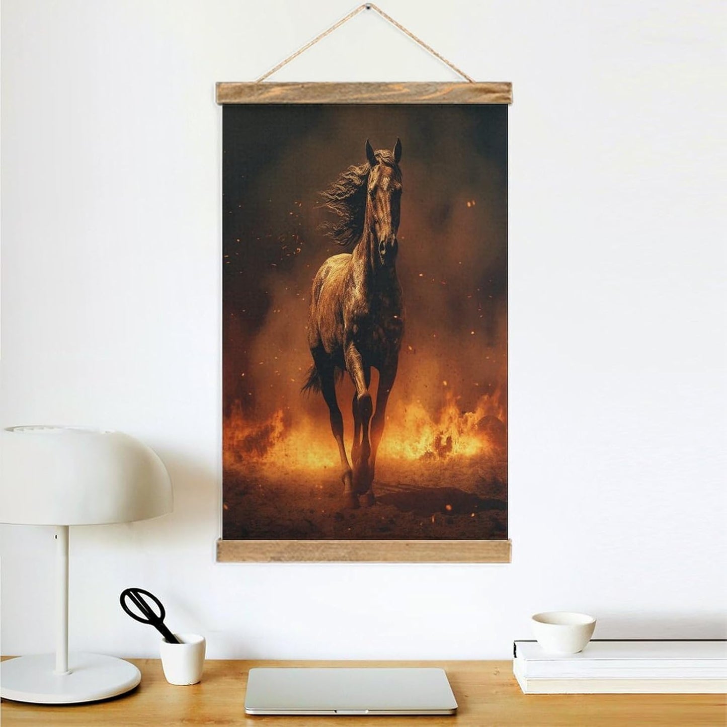 Vintage Flame Horse Poster with Wooden Frame Personalized Linen Hanging Scroll Painting Rustic Wall Hanging Illustrative Modern Artwork Decor for Home Living Room Bedroom Office