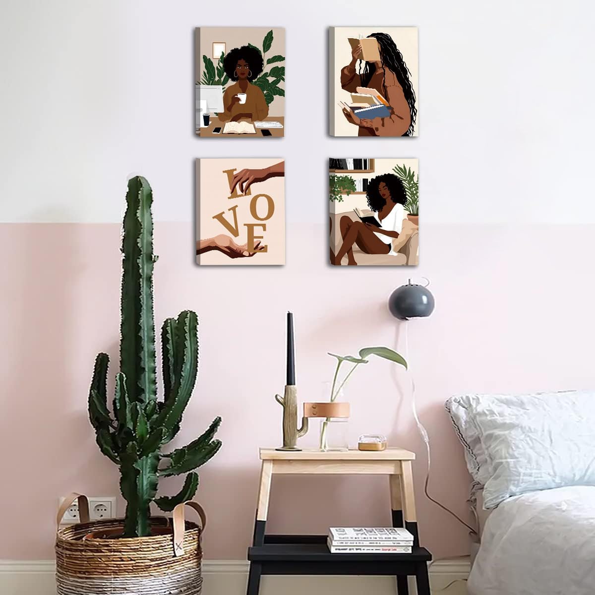 African American Books Wall Art Prints,Framed Black Girl Reading Canvas Poster,Book Lover Painting Artwork,Modern Black Woman With Book Art Wall Decor for Bedroom Living Room,Set of 4(8"X10"