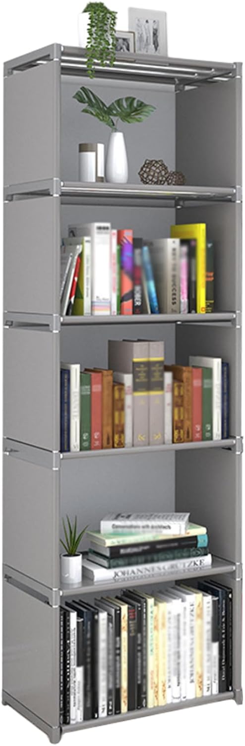 Book Shelf, 6 Tier 5 Cubes Modern Bookshelf, Non-Woven Fabric Book Shelves with Metal Pipe Frame Heavy Duty 61" Tall Narrow Bookcases Unit Cube Storage Display for Bedroom