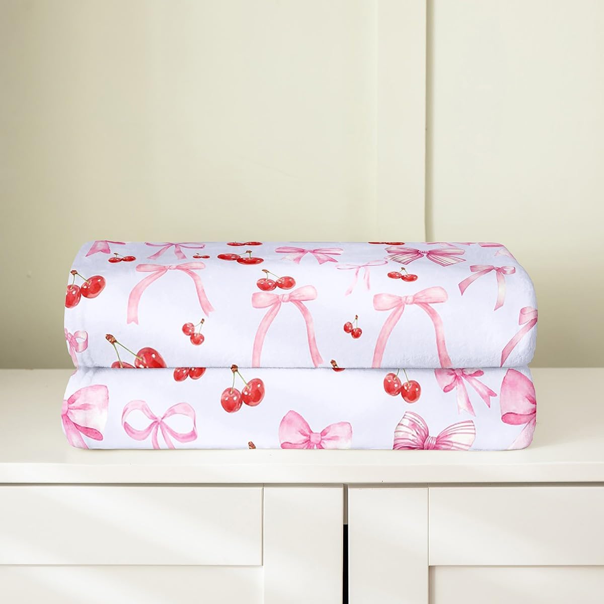 Feelyou Bow Cherry Plush Throw Blanket, Queen 90"x90" Watercolor Bow All Season,Bed Blanket for Sofa Couch Girls Teens Bedroom Decor Blue Cute Bowknot Flannel Fleece Blanket Women Men Fruit