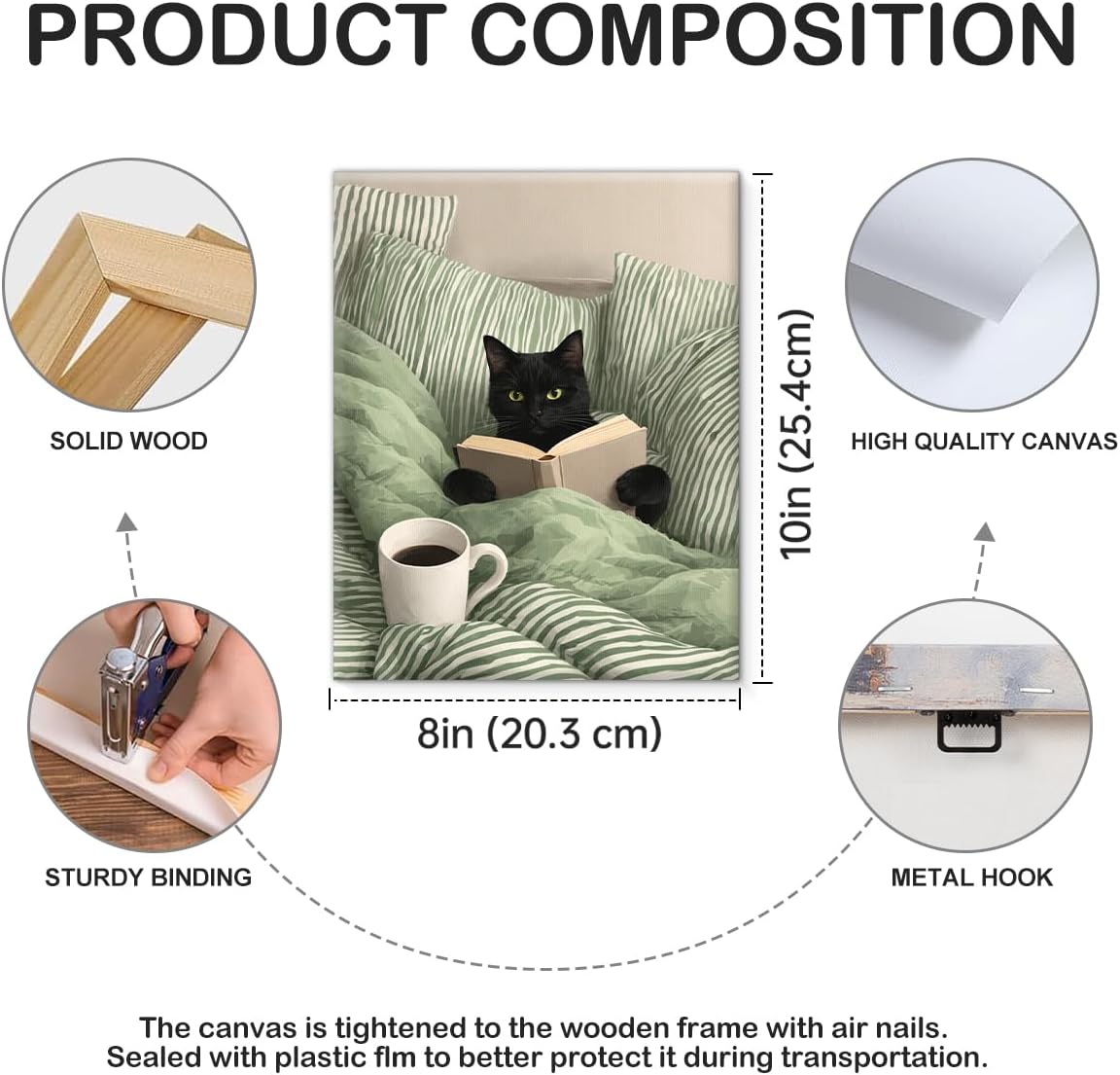 Black Cat Reading Bedroom Wall Art Cat in Green Striped Bed Canvas Print Poster Cozy Bookish Wall Decor for Home Bedroom 8x10 Inch Framed