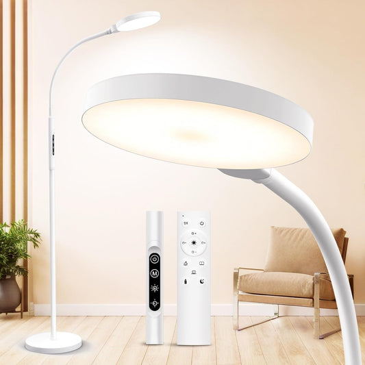 Daylight Floor & Desk Lamp – 11,000 Lux UV-Free Full Spectrum Light, 5 Color Temperatures & 10 Brightness Levels, 360° Adjustable Gooseneck Lamp for Home Office, Bedroom & Reading (White)