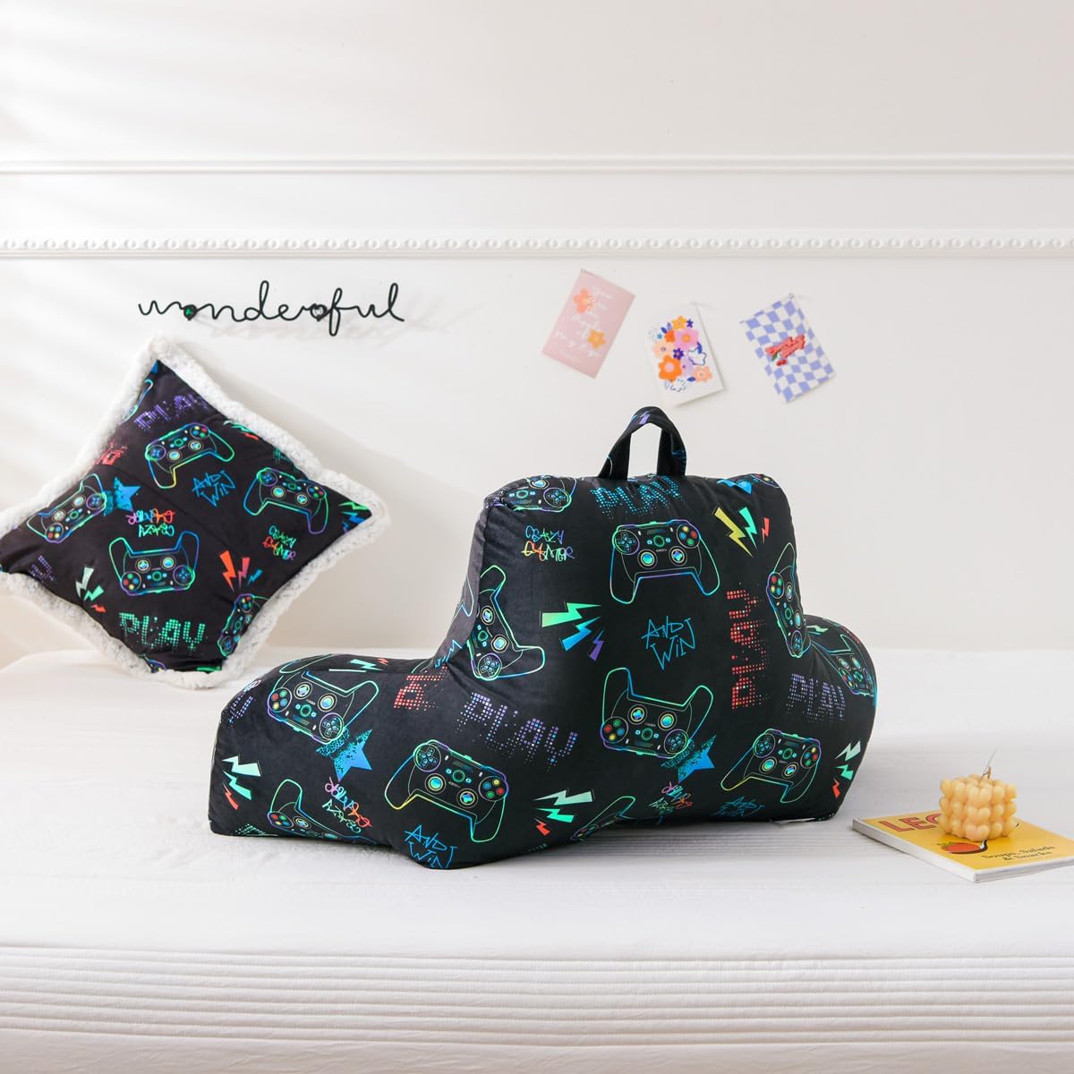 NTBED Video Game Controller Printed Reading Pillow Bed Wedge Backrest with Arms, Couch TV Relax Bed Rest Pillow Back Support Cushion for Kids Teens Boys Girls,Multi Game