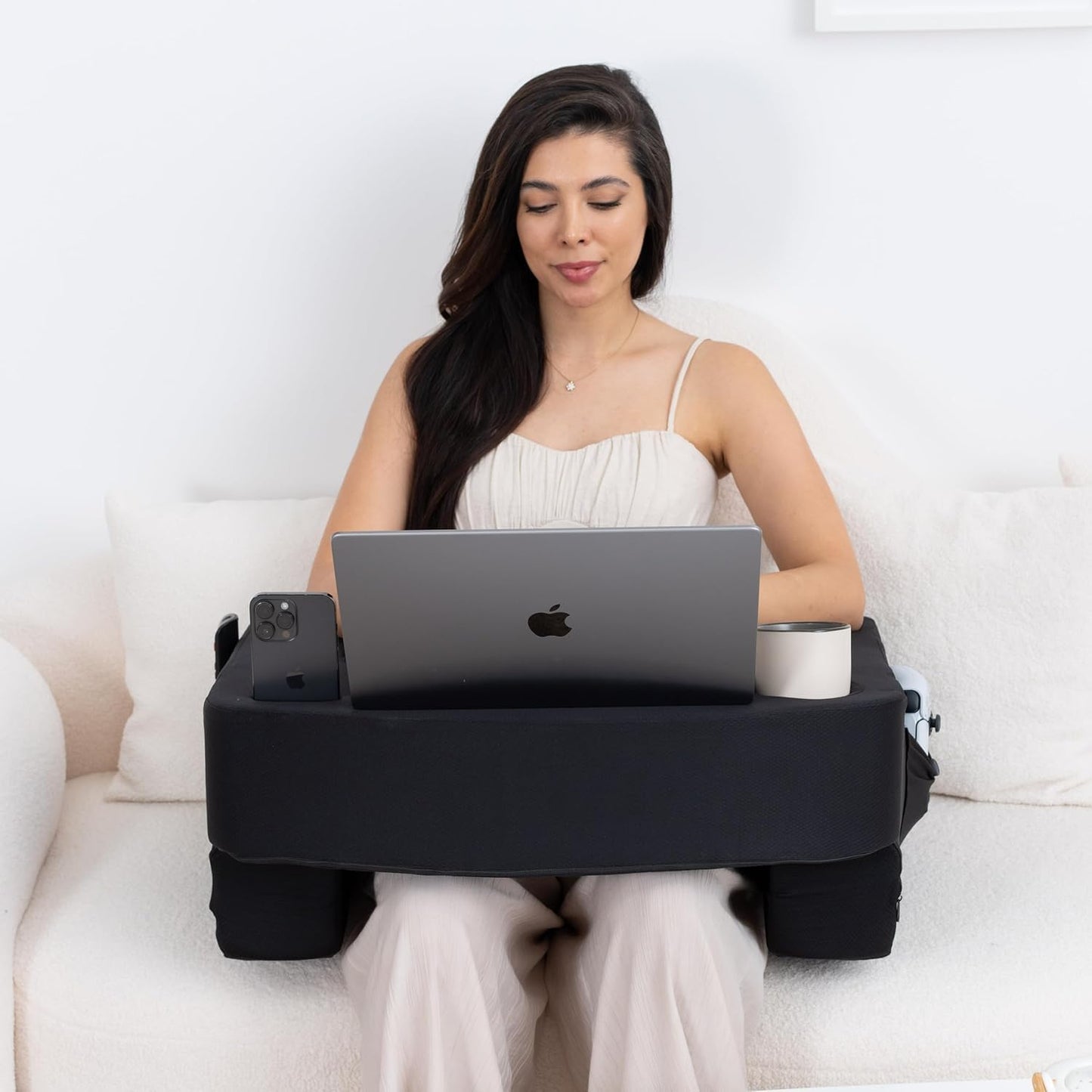 Reading Pillow for Gaming – Extra Large Lap Desk & Arm Rest with Cup & Phone Holder, Adjustable Heights, Laptop Support, Large Pockets – Comfortable for Work, Gaming & Crocheting (Black)