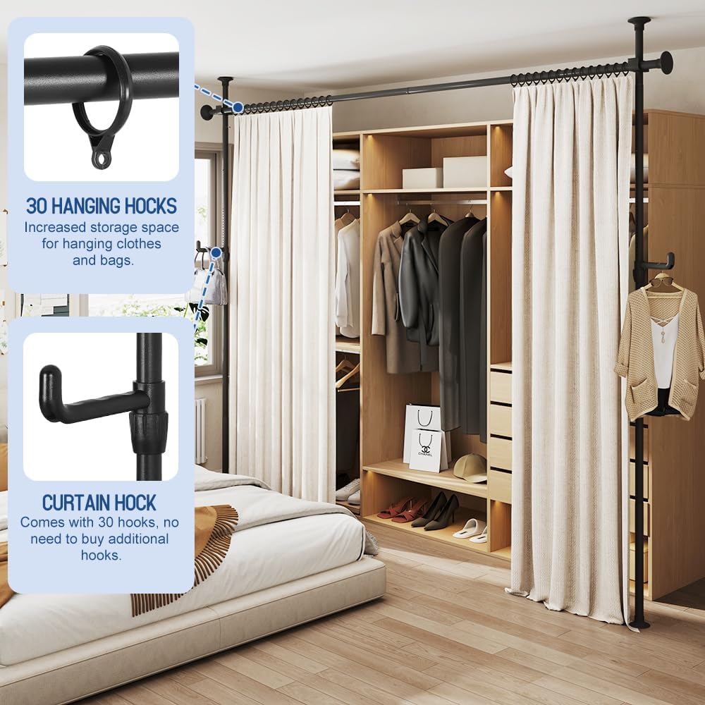 KELIXU Room Divider Curtain Rod No Drilling, 4-10ft (W) x 4-10ft (H) Room Partition with Hanging Hooks, Floor to Ceiling Divider for Room Separation, Adjustable Heavy Duty Tension Rods, Black