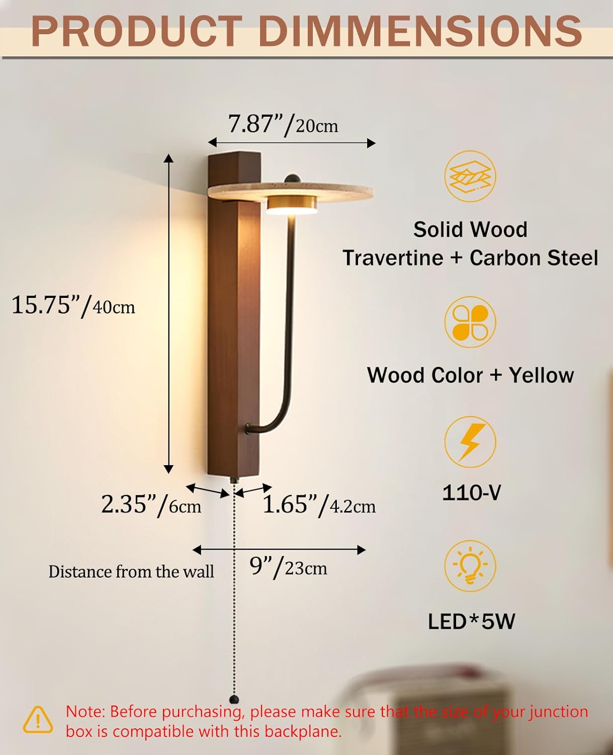 Yellow Travertine Wall Sconce, 15.7" Japanese Vintage Wabi Sabi Light Fixture with Natural Stone Lampshade Pull Cord Switch Wood Base, Art Deco Wall Sconces for Bedside Bedroom Kitchen Island