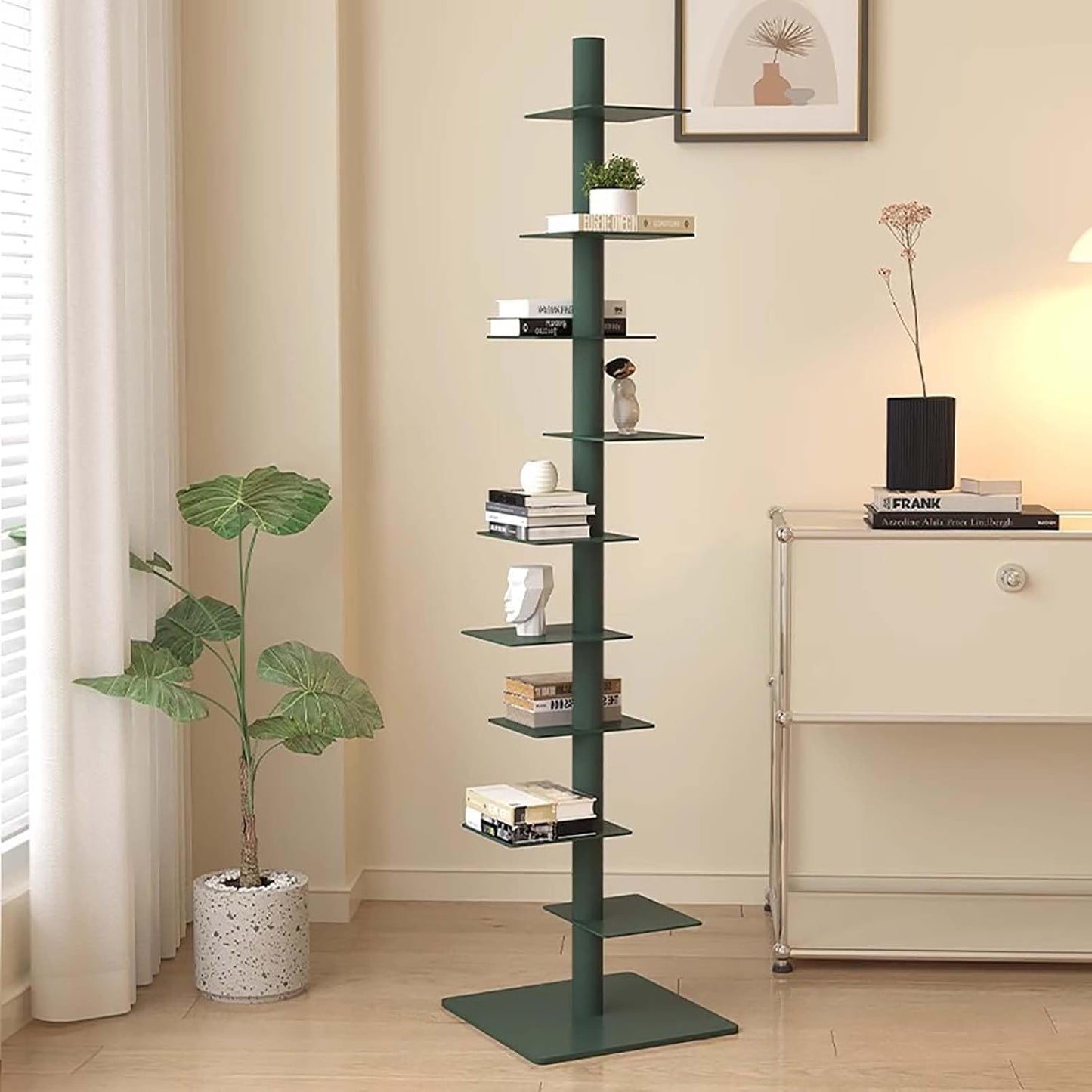 Modern Metal Spine Bookshelf - 9-Tier Spinning Book Tower, Tall Narrow Bookcase, Vertical Floating Shelf, Rotating Display for Small Spaces, Floor Standing Bookcase Storage Solution