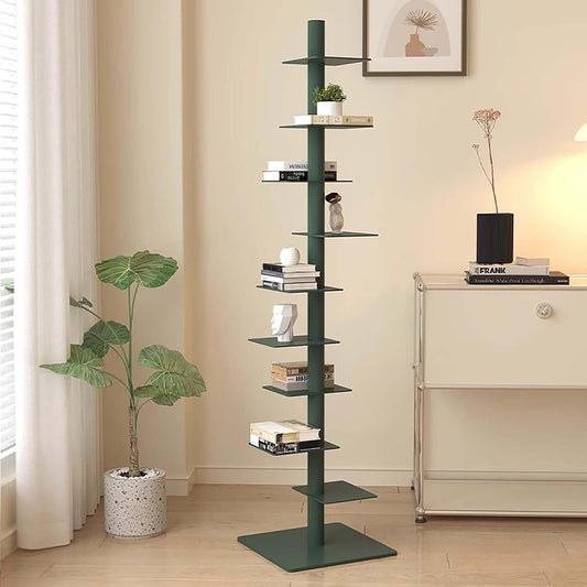 Modern Metal Spine Bookshelf - 9-Tier Spinning Book Tower, Tall Narrow Bookcase, Vertical Floating Shelf, Rotating Display for Small Spaces, Floor Standing Bookcase Storage Solution