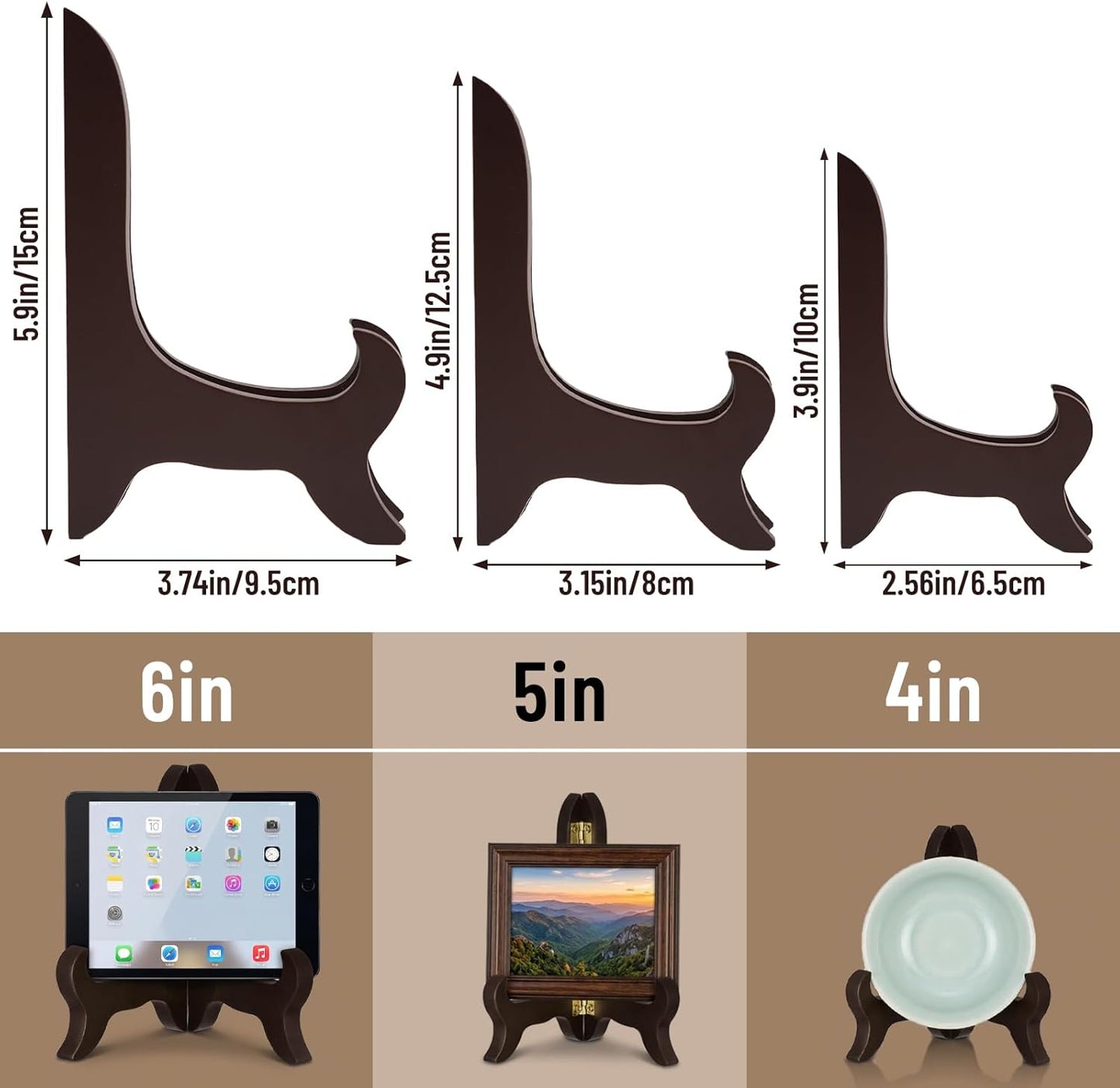 6 Pack Wood Plate Stands for Display 4",5",6" Wooden Easel Stand Set (2 of Each) - Decorative Picture Frame Holder,abletop Photo Display,Dish & Art Stand for Home Decor (Brown)