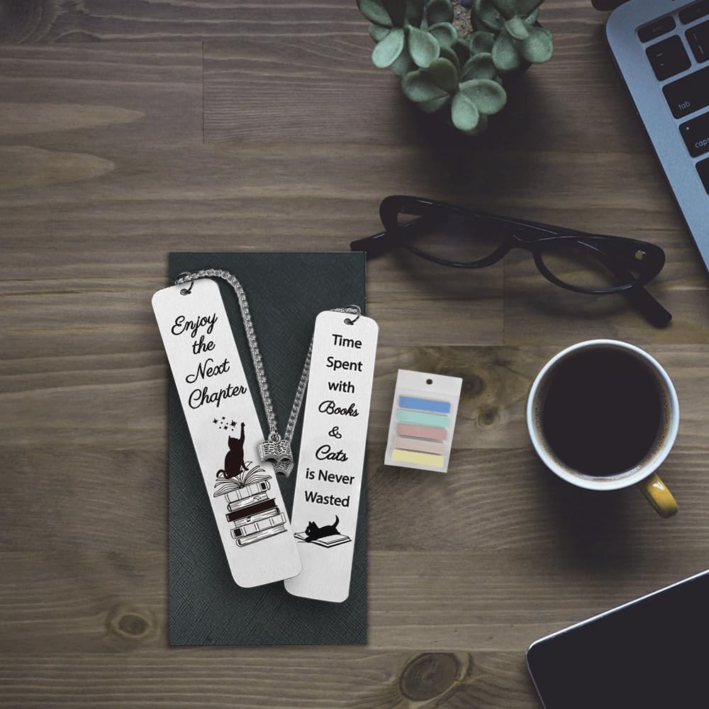 Metal Bookmark Gift for Book Lover - 2 Pcs for Women with 100 Page Marker - Cat Mom