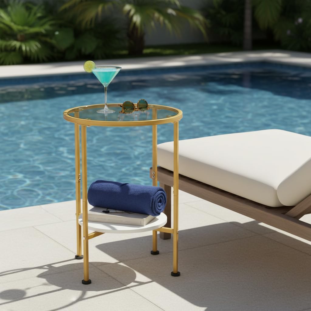 Round Gold Side Table, 2 Tier Tempered Glass Top End Table with White Storage Shelf for Living Room,Modern Small Nightstand for Bedroom,Metal Accent Bedside Table for Small Spaces