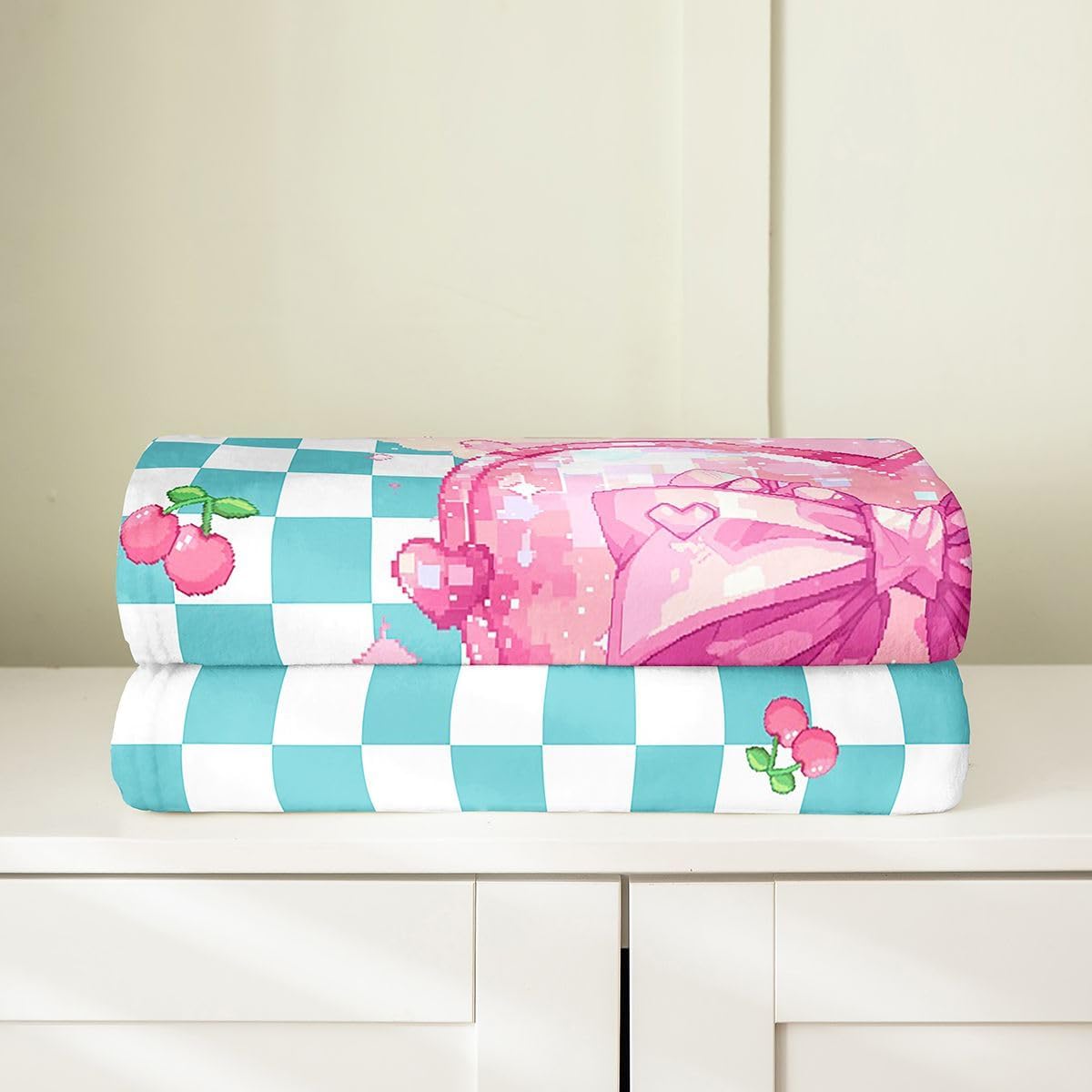 Castle Fairy Bowknot Love Kids Flannel Blanket,Checkered Cherries Pattern Bed Blanket,Kawaii Pastel Aesthetic Girls Boys Sofa Decor,Pink Green Fuzzy Blanket,Baby Size (30 x 39 Inches)
