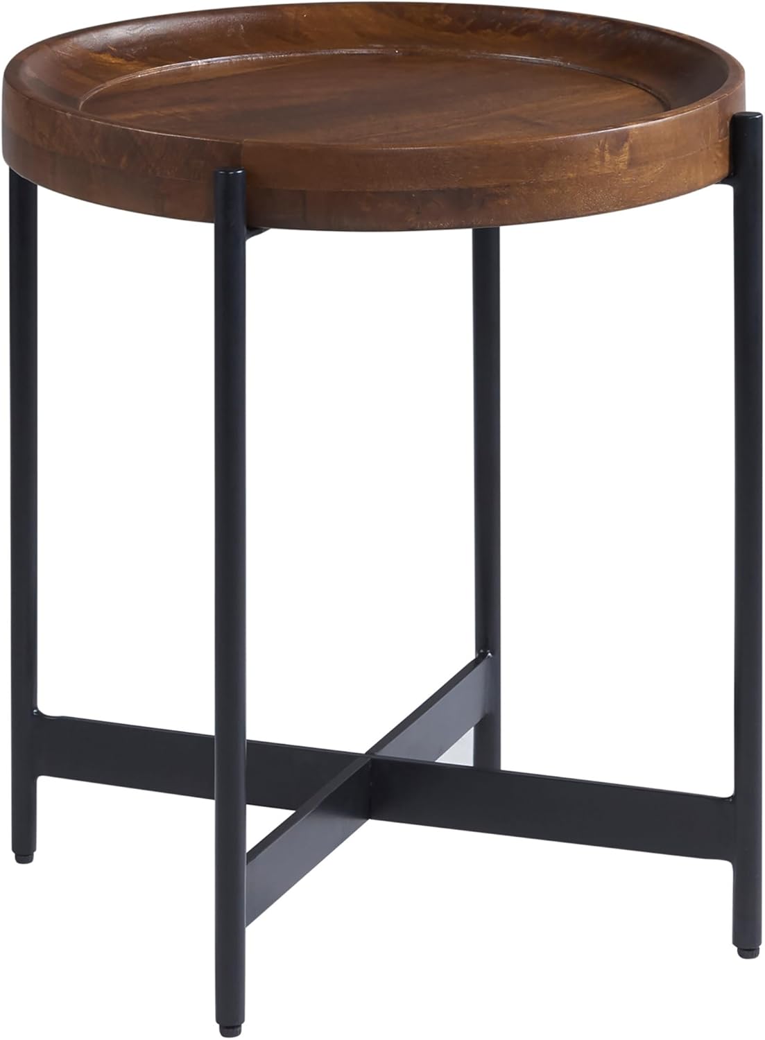 Brookline 20" Round Wood End Table – Solid Top with Tray Edge and Black Metal Legs – Rustic Farmhouse Accent Table for Living Room, Bedroom, or Small Spaces by Alaterre Furniture (Medium Chestnut)