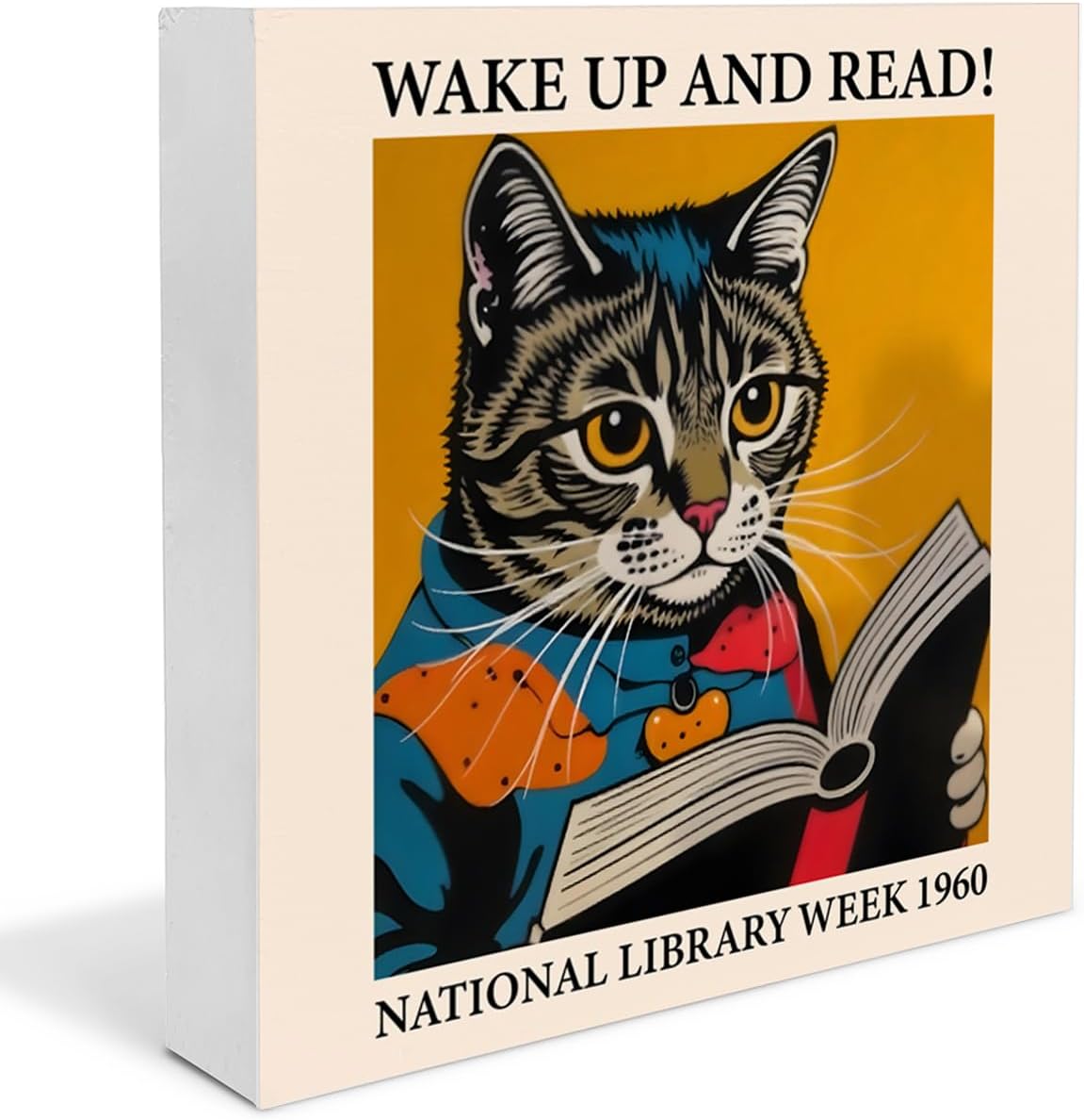 Cat Reading Sign Decor Wake Up and Read Wood Block Sign Inspiring Home Desk Table Shelf Decoration Reader Gift