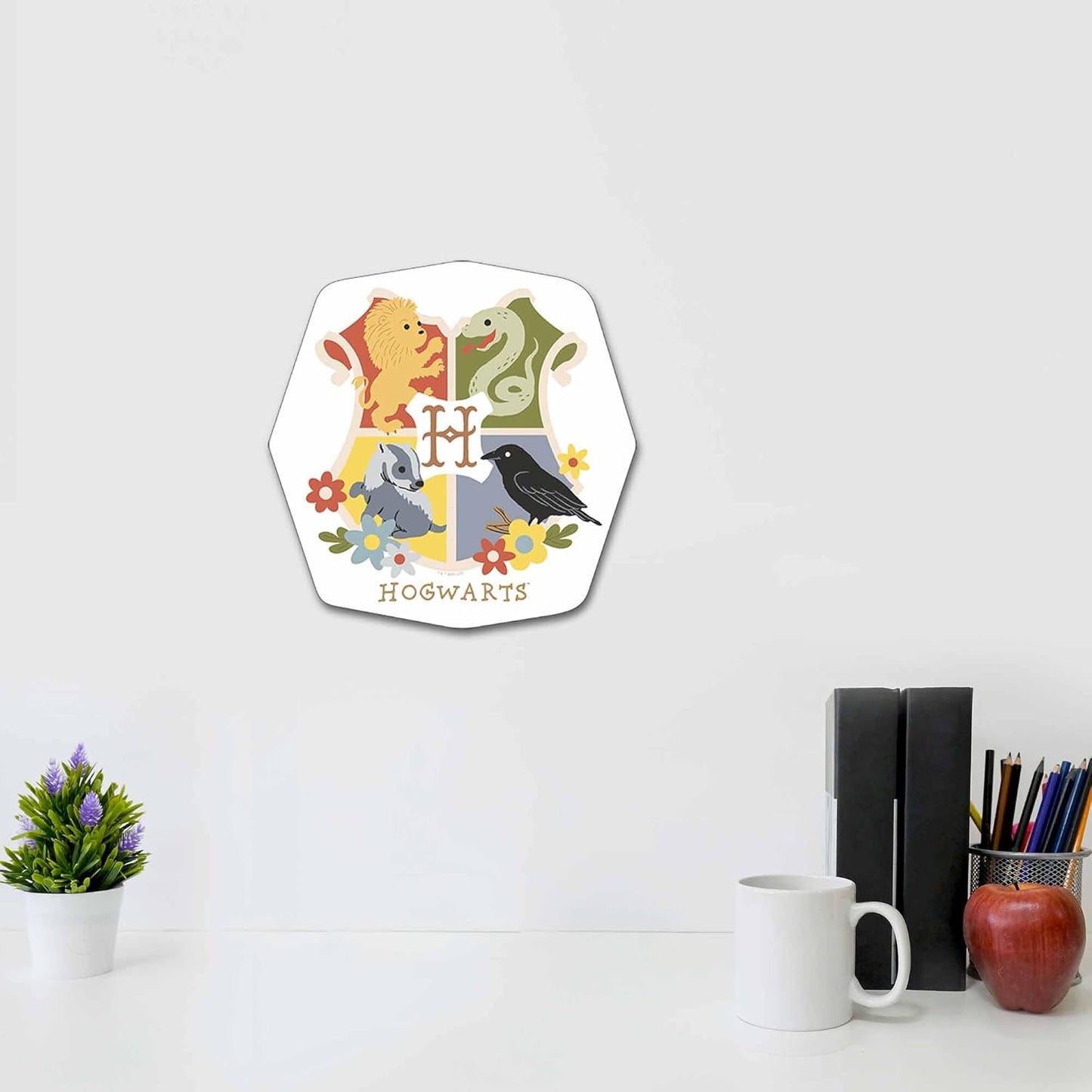 Harry Potter Hogwarts Crest Wood Wall Decor - Floral Hogwarts Crest Wall Art for Bedroom or Nursery