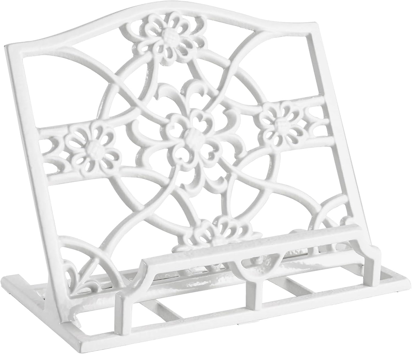 JOGREFUL Cookbook Stand, Cast Iron Heavy-Duty Recipe Book Holder, Kitchen Vintage Recipe Book Holder, Reading Rest Holder for Easel/Counter/Books/Magazine/iPad/Bible, Flower Pattern, White