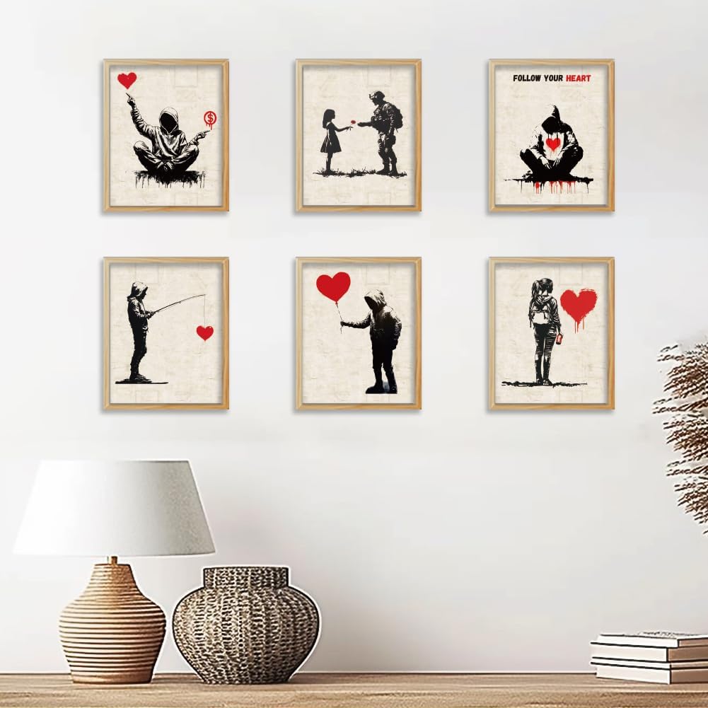 WEBEEDY 9 Styles Banksy Wall Art Vintage Red Heart Prints with for Wall Decor Aesthetic Graffiti Poster Boho Unframed Canvas Wall Art for Living Room Bedroom Office Home Decoration, 20x25cm/8x10''