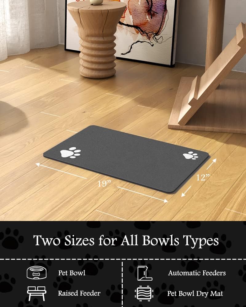 Pet Feeding Mat-Absorbent Dog Mat for Food and Water Bowl-No Stains Quick Dry Dispenser Mat-Dog Accessories Pet Supplies-Water Bowl for Messy Drinkers（Darkgrey,12"x19"