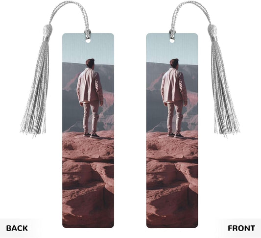 Man on Top of Canyon Bookmarks Gifts for Women Men, Wooden Bookmarks for Book Lovers, Vintage Book Marks Ornaments with Tassel, Unique Personalized Reading Page Markers Gray