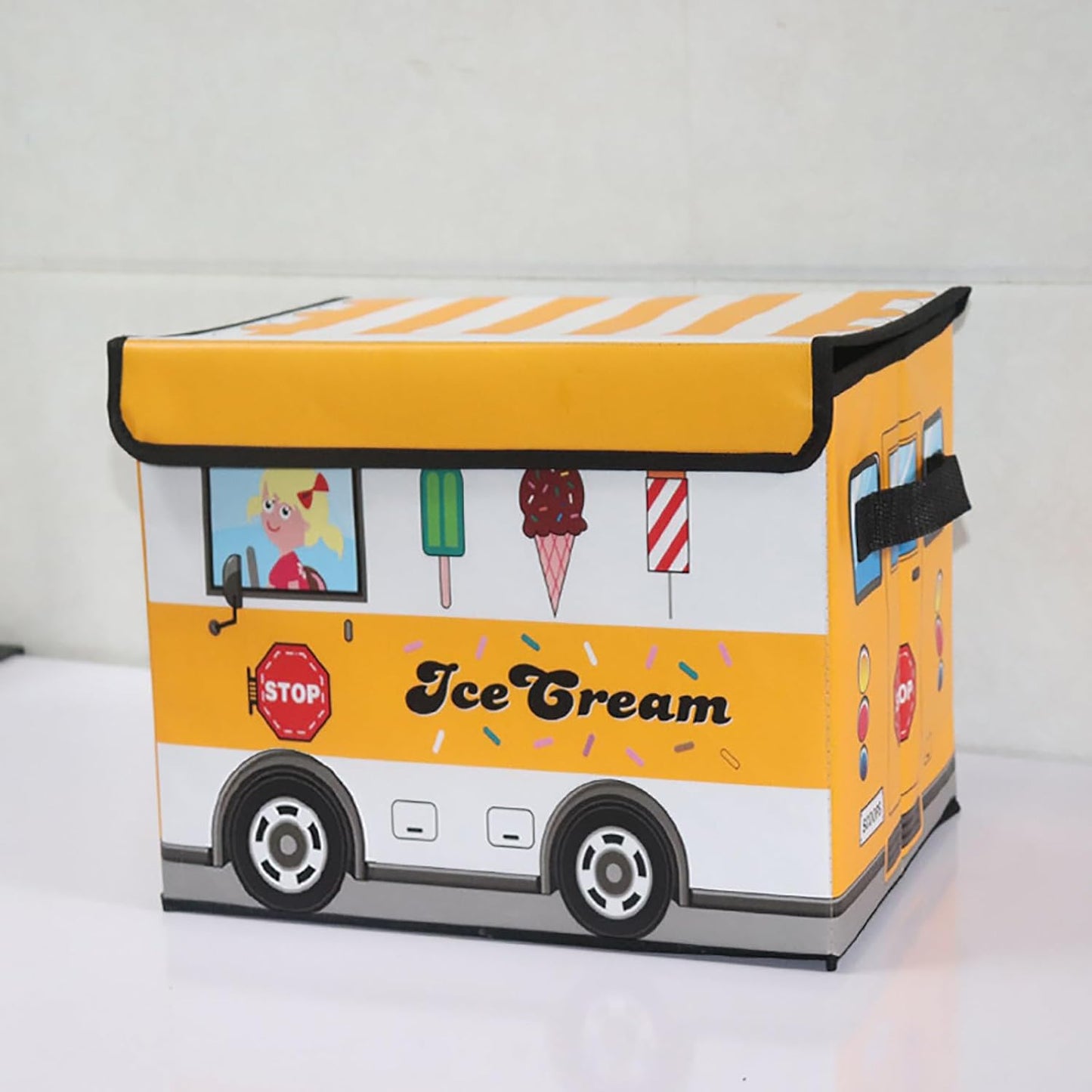 2-Pack Foldable Cartoon Storage Bins with Lids, 15x9.9x9.9 in Cute Cartoon Organizer Boxes, Dustproof Home Storage Containers, Ice Cream Truck