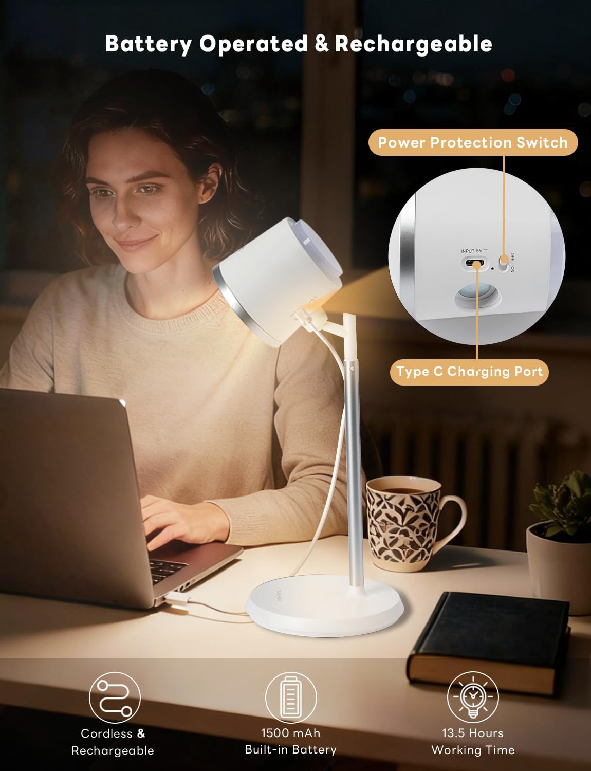 Rechargeable LED Desk Lamp, Magnetic Wall Mount LED Light, Dimmable Cordless Reading Lamp with Adjustable Brightness & 3 Color Modes for Reading, Working, Bedroom, Hallway