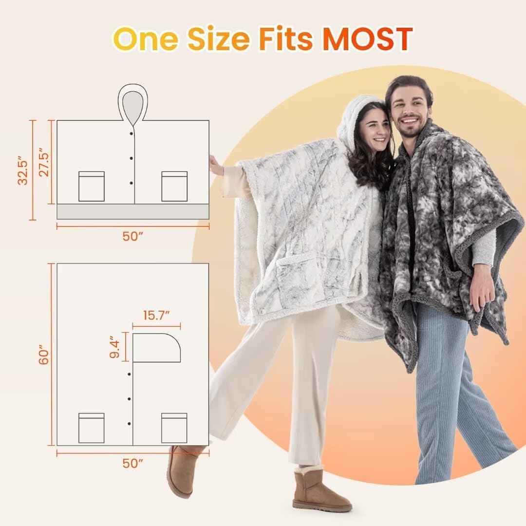 WOOMER Wearable Heated Electric Blanket 50”×60“, Soft Faux Fur & Cozy Sherpa Heated Wrap Poncho with Hood and Pocket, 4 Heat Levels & 4H Auto Off, Gifts for Parents and Friends