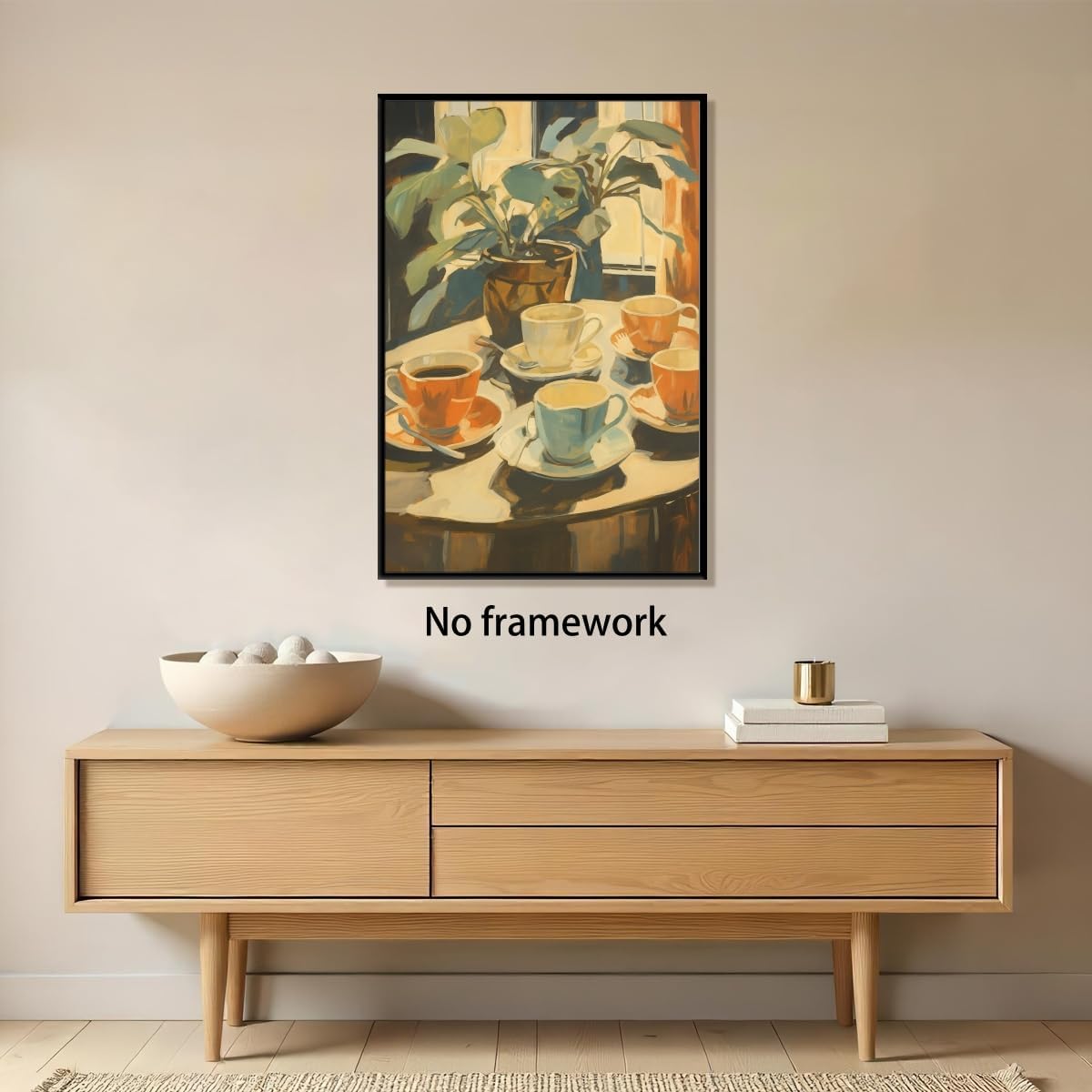 Retro Coffee and Plant Wall Art Vintage Coffee Table Moment Oil Painting Poster with Colorful Cups Prints Cozy Home Decor for Bedroom Kitchen Dining Room Reading Nook 12x18inch Unframed