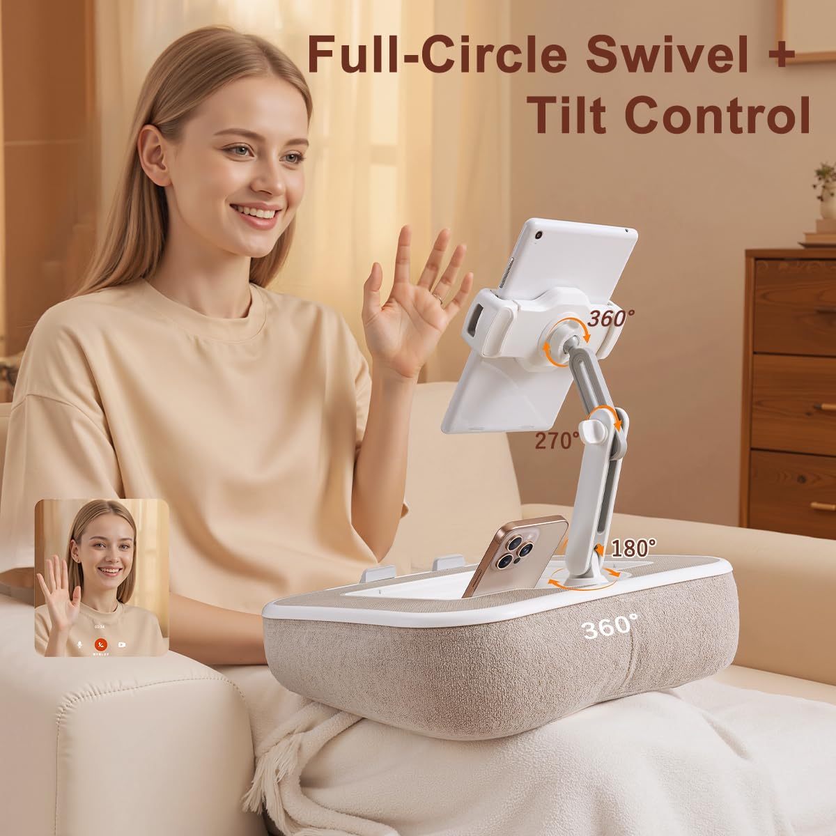 Tablet Pillow Stand,Phone Holder for Bed,Laptop Lap Desk with Snack Bowl,360° Rotating Clip Compatible with 4.7-13" iPad/Kindle/Phone,11-15" Laptop,Hands-Free Reading and Relaxation on Bed(Khaki)